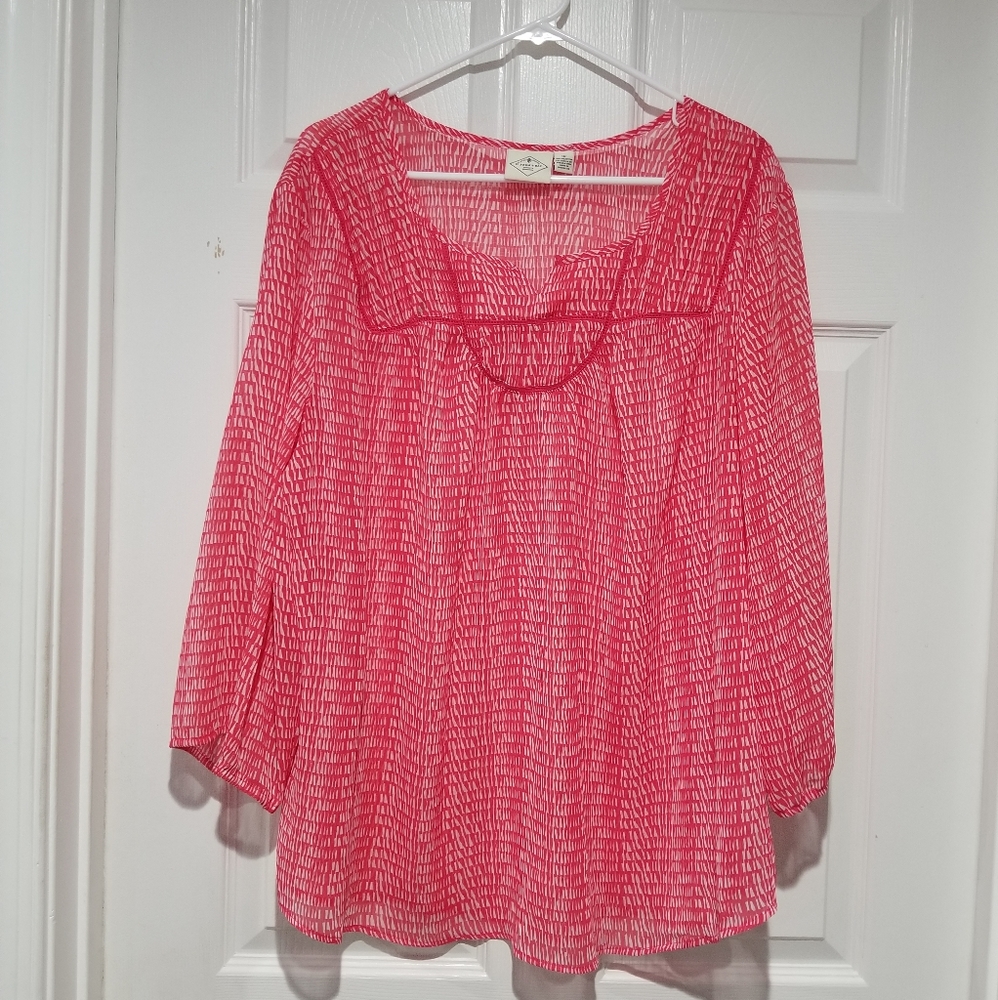 Pink Coral & White Sheer Chevron Print Beachy Boho Peasant Top with Crochet